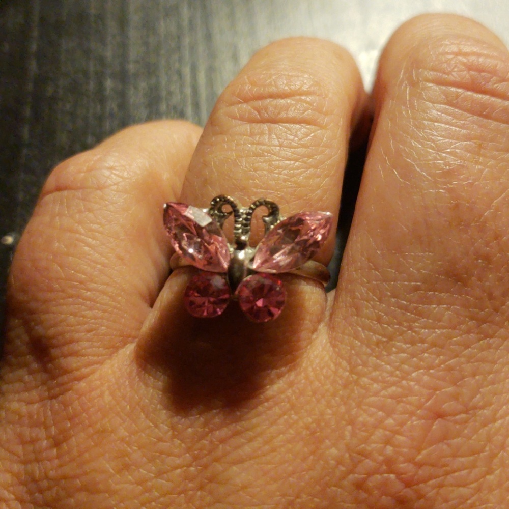 2 Tone Pink Rhinestone Butterfly Silver Ring 7
